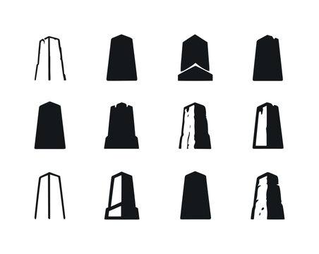 Monolithic Building Logos. Monolithic building. Icon set. Set Logo of monolithic building: solid stone tower. harmonious logo variations of the same emblematic