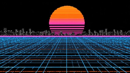 Retro sunset over a digital city grid with a vaporwave aesthetic