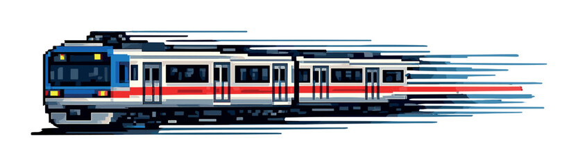 Obraz premium Pixel art high-speed train with motion blur effect on gradient background