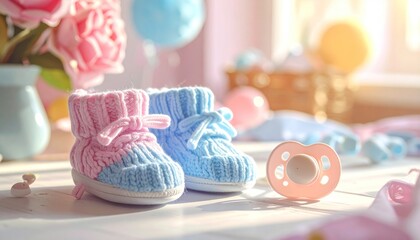 Adorable Baby Booties and Pacifier - A Gender Reveal Celebration.