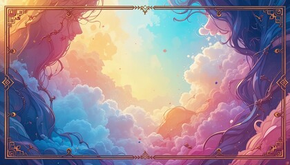 Dreamy clouds with faces in a vibrant, surreal landscape