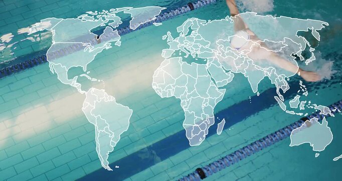 After world map overlay appearing on sports pool adult male swimmer entering lane doing front crawl