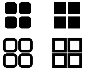 Versatile vector set of four minimalist grid icons. Ideal for UIUX design, mobile apps, and web navigation. These clean black and white symbols represent menus, layouts, and organization.