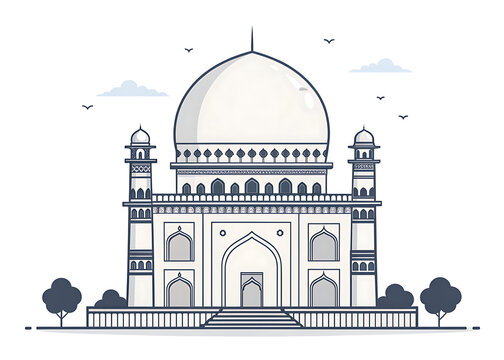 Minimal geometric vector of Gol Gumbaz, massive dome emphasis, white background