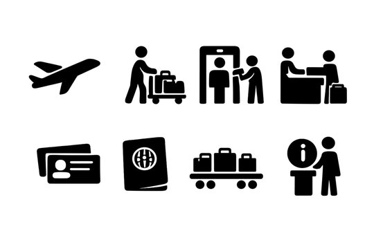 Travel and tourism icons set with luggage, airplane, and passport - Powered by Adobe