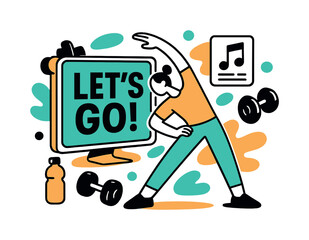 Let's Go Challenge. Challenge Kickoff Scene. A figure stretches in front of a digital screen that says ?Let?s Go!? surrounded by stylized dumbbells, water