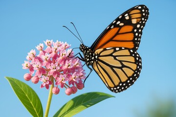 Obraz premium Monarch butterfly perched on vibrant pink milkweed flower under clear blue sky in natural light, showcasing delicate plant life and creative detail. Ai generative