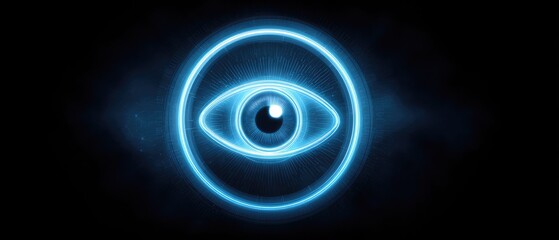 Neon eye symbol glowing blue on black background with light
