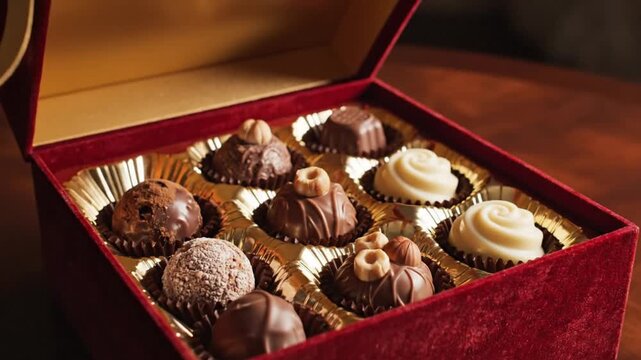 A velvet box displays an assortment of handcrafted chocolates in golden foil cups featuring dark truffles nuttopped and white swirled varieties