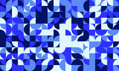 Abstract geometric pattern of interlocking circles and squares in shades of blue.  Modern, minimalist design ideal for backgrounds, website banners, or textile prints.