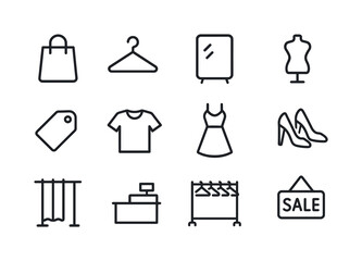 Clothing Store Icons. Clothing Store. Line icon set of Clothing Store: shopping bag, hanger, mirror, mannequin, price tag, shirt, dress, shoes, fitting room,