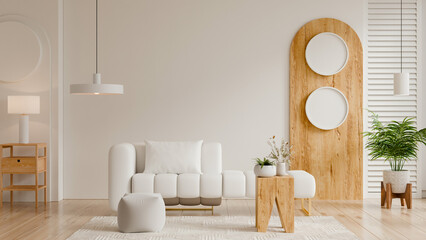 Japandi style living room with a unique modular white sofa and wooden decorative arch in the soft cloud dancer 2026 hue- 3D rendering