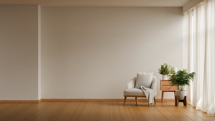 Spacious and bright minimalist interior featuring a single accent chair and wooden side table in the calming cloud dancer 2026 color scheme- 3D rendering