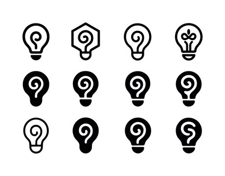 Curiosity Logo Variations. Curiosity. Icon set. Set Logo of Curiosity: lightbulb with a spiral filament inside. harmonious logo variations of the