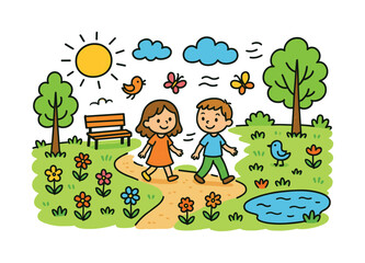 Whimsical Walk Scene. Gentle Afternoon Walk. Colorful Hand-drawn doodle Children illustration trees, benches, flowers, birds, breeze lines, grass, sun, clouds,