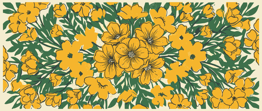 Vintage hand-drawn floral pattern of vibrant yellow flowers and green leaves in a dense, repeating design with a charming retro linocut aesthetic and textured details
