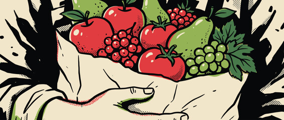 Hand holding a paper grocery bag filled with fresh fruits and vegetables like apples, tomatoes, and grapes in a retro graphic illustration style with bold outlines and halftone dots