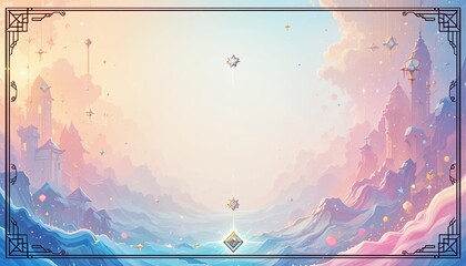 Whimsical fantasy landscape with pastel mountains and sparkling stars