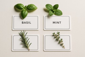 Fresh basil, mint, rosemary, and thyme herbs with labeled cards on light background for culinary and botanical identification display. Ai generative
