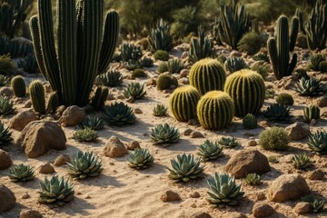 Desert cactus garden with diverse succulents and rocks in warm natural light, showcasing a creative dry landscape concept with soft background. Ai generative