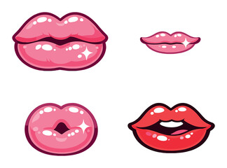 Set of glossy pink and red cartoon lips vector illustration