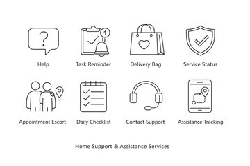Home support and assistance services icons set