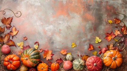 Vibrant autumn harvest  colorful pumpkins and gourds accentuate a spacious background for creativity