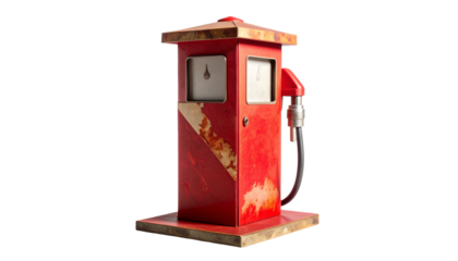 Weathered red gas pump, old and worn, with gauges and a nozzle