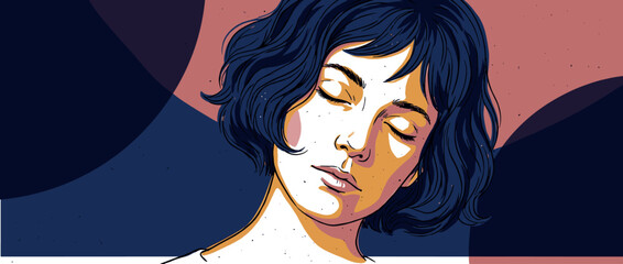 Beautiful young woman's illustrated portrait with closed eyes and short wavy blue hair in a serene, thoughtful mood with a graphic comic style and bold colors