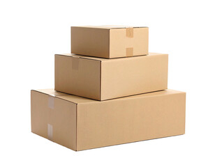 Three stacked cardboard boxes with varying sizes, taped and arranged in a pyramid shape