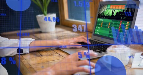 Woman clicking mouse and monitoring live sports odds on laptop with animated bar and pie overlays - Powered by Adobe