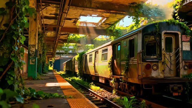 An abandoned, overgrown subway train sits stationary on rusting tracks within a derelict urban transit station overtaken by nature's relentless encroachment.