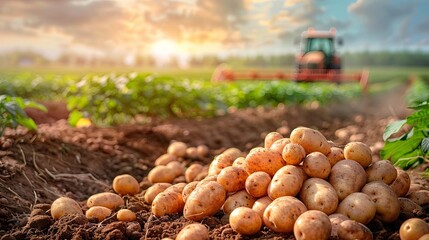 Vibrant farm scene featuring freshly dug potatoes in rich soil with ample space for headlines