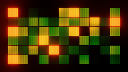 Green and orange squares glowing, forming a dynamic background in retro technology and gaming style