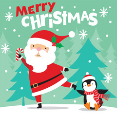 Christmas card with santa and penguin