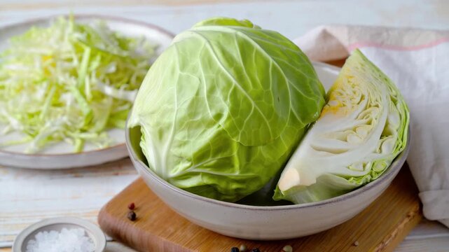 Fresh green cabbage head with sliced wedge in ceramic bowl, shredded cabbage in background, healthy raw vegetable preparation, rustic kitchen scene, natural organic ingredient close up