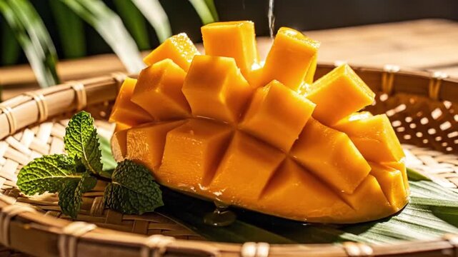 A vibrant diced mango sits on a leaf in a bamboo tray with syrup drizzling over it and fresh mint sprigs beside it set against a soft green background