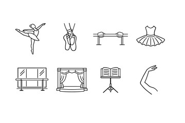 Ballet-themed vector icon set with dancer, bar, and tutu