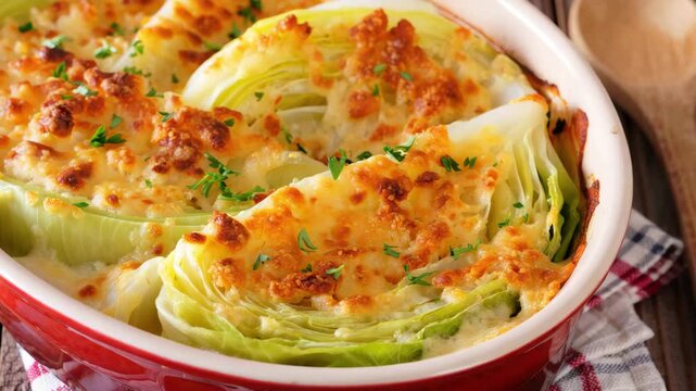 Oven roasted cabbage steaks with melted cheese, herb sprinkled cabbage wedges in a baking dish, garlic infused sauce, crispy browned edges, low carb vegan dinner, whole30 plantbased bake