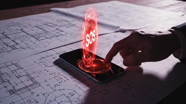 SOS alert on smartphone over blueprints, emergency call concept.