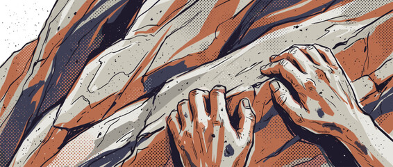 Climber's hands gripping a rugged rock face in a graphic comic book style illustration showing determination and strength during a difficult ascent