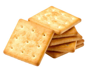 Fototapeta premium A stack of golden square crackers with small holes, presented on a transparent background