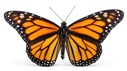 Fototapeta premium Close-up of monarch butterfly displaying bright orange and black wing patterns, isolated on white
