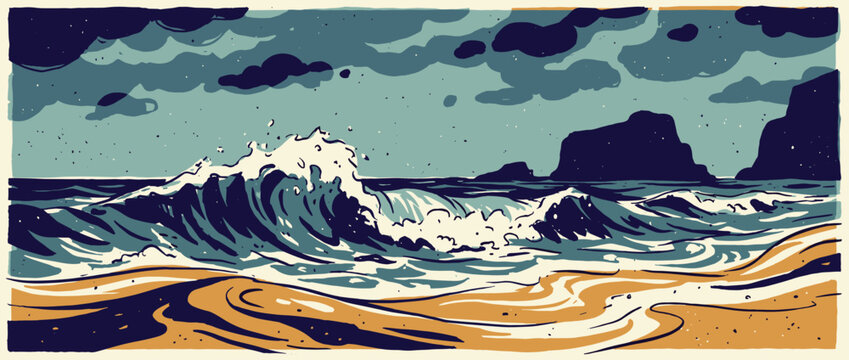 Stylized illustration of powerful ocean waves crashing on a sandy beach with dramatic cliffs under a moody, cloudy sky in a retro, graphic woodblock print style