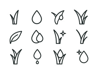 Blade and Droplet Icons. Blade and droplet. Line icon set of blade and droplet: grass blade, heavy droplet, tiny bead, leaf curve, water cling, double droplet,