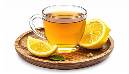 Hot beverage with lemon on a wooden plate
