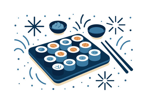 Sushi Festivity. Sushi platter celebration. A festive table with arranged sushi rolls; spark icons and curved lines expressing joy. Minimal confetti-style dots