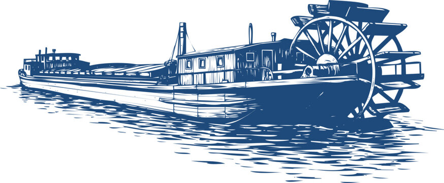 Vintage Blue Paddle Steamboat Illustration on Water with White Background paddle steamer riverboat