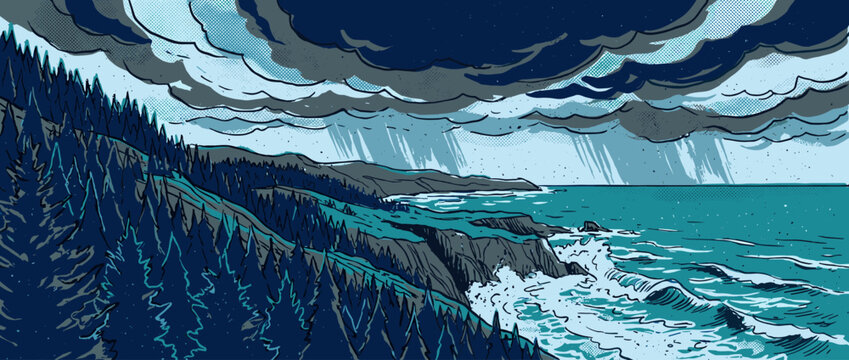 Stormy coastal landscape illustration with a pine forest on rocky cliffs and crashing ocean waves under a dark, dramatic sky with rain and halftone textures