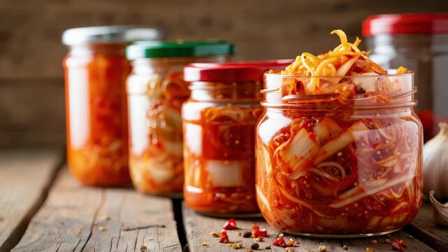 Fermented cabbage in glass jars on rustic wooden table, spicy Korean kimchi preparation, homemade fermented vegetables, traditional Asian side dish, probiotic-rich vegan food